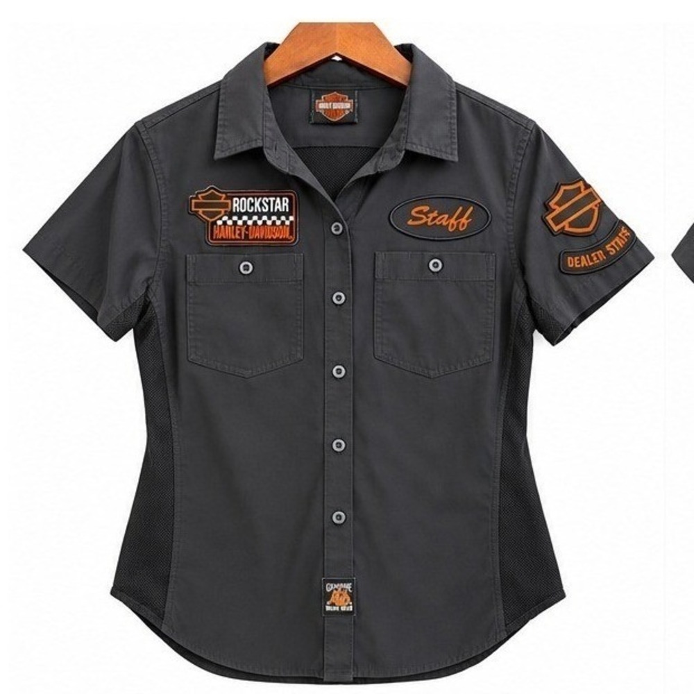 Harley-Davidson Work Shirt XSmall Black Rockstar Dealer Staff Short Sleeve Patch